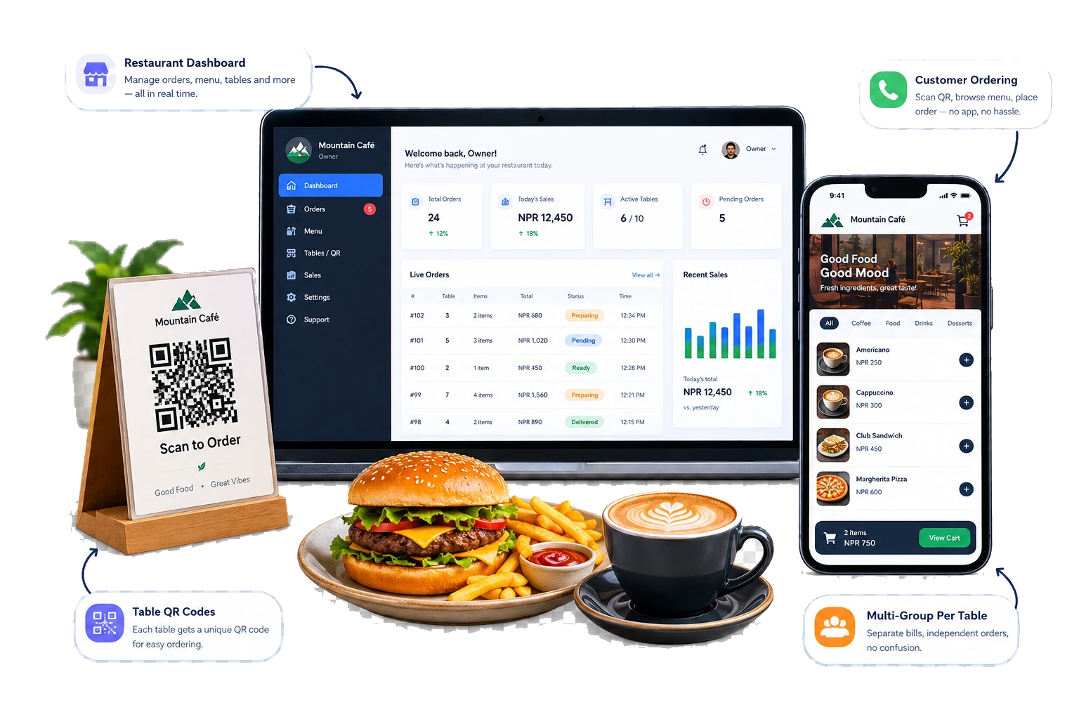 OrderKhaja dashboard, table QR code and customer ordering on a phone